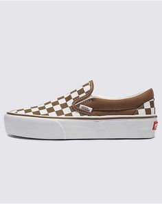 Classic Slip-On Platform Shoe Vans Shoes Platform, Brown Checkered Vans, Fall Women Shoes, 2024 Fall Shoes, Vans Platform Slip On, Casual Work Shoes Women, Vans Old Skool Women, Platform Aesthetic, Platforms Aesthetic