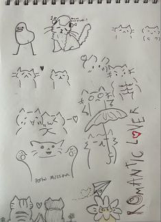 a notebook with some drawings on it, including cats and dogs in different poses as well as words