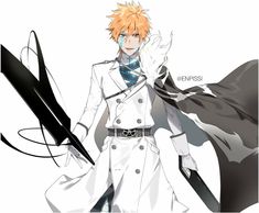 an anime character with orange hair and white clothes, holding a black object in his hand