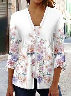 Women's Shirt Blouse Pink Blue Purple Floral Button Print 3/4 Length Sleeve Casual Holiday Basic Round Neck Regular Floral S 2023 - kr. 179 Cheap Womens Tops, Cheap Blouses, Floral Print Shirt, Women Shirts Blouse, Casual Coat, Online Tops, Pink Blouse, Plus Size Casual, Quarter Sleeve