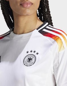 Embodying the spirit of German football. This adidas Germany home jersey combines all the symbols of the four-time world champions. An eagle feather-inspired design decorates the shoulders and embossed details taken from the DFB logo repeat across the front. Made for comfortable support, this shirt features moisture-managing AEROREADY and a woven badge.The main material of the DFB replica jersey is 100% recycled polyester excluding trimming and decoration. The material information on our website only refers to the main material of the jersey. adidas will update this additional information accordingly.• This model is 177 cm and wears a size S. Their chest measures 80 cm and the waist 63 cm.• Regular fit• Ribbed crewneck• 100% polyester (recycled)• Sides and lower back: 100% polyester (recyc Sports Wear Outfits, Nike React Vision, 270 Nike, Football Training, An Eagle, Team Wear, Football Boots, Jd Sports, Adidas Performance