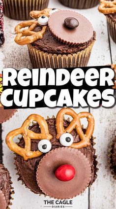 cupcakes with chocolate frosting and pretzels on top are decorated to look like rudolph the reindeer