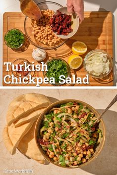 two pictures showing different types of food in bowls and on the same plate, one is chickpea salad