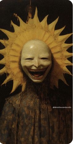 a creepy doll with sunflowers on it's head and eyes, smiling