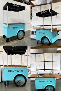 several pictures of an ice cream cart with wheels and trays on the top, in different positions