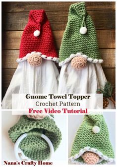 three crocheted gnome hats with pom poms on them and the text gnome toy topper crochet pattern