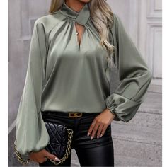 Classic Twist Detail Cut Out Satin Long Sleeve Top Xs S M L Xl Xxl, 100% Polyester, Ships In 7-8 Days Green Satin Top, Satin Long Sleeve Top, Lantern Sleeved Blouses, Butterfly Blouse, Satin Long Sleeve, Keyhole Neck, Plain Tops, Floral Midi Skirt, Satin Top