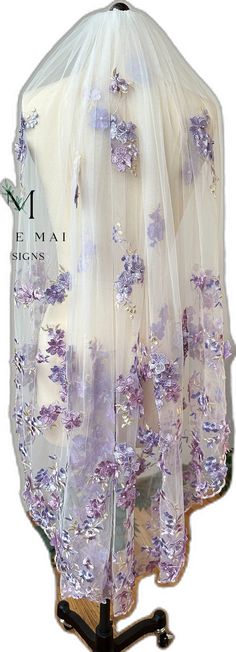 Lavender Wedding Veil, Purple And White Floral Wedding Dress, Purple Floral Embroidery Wedding Dress, Lavender Flower Crown And Draped Veil, Colorful Veil, White Wedding Veil With Floral Embroidery, Veil Floral, Floral Veil, Flower Veil