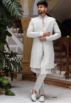 Buy Embroidered Georgette Sherwani in Light Blue Online in India - Etsy Fitted Nehru Jacket With Chikankari Embroidery For Eid, Eid Long Bandhgala With Chikankari Embroidery, Diwali Long Nehru Jacket With Chikankari Embroidery, Long Bandhgala With Chikankari Embroidery For Diwali, Indowestern Outfits For Men, Groom Clothes, Traditional Indian Mens Clothing, Engagement Dress For Men, Engagement Dress For Groom