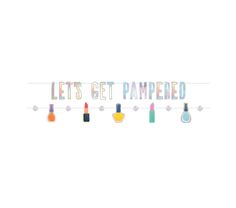 the words let's get pampered are hanging on a line with bottles