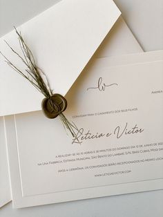 the wedding stationery is set on top of two envelopes with a wax seal