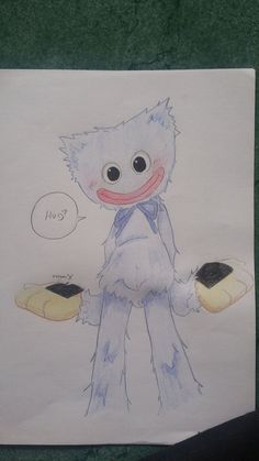 a child's drawing of a furry creature holding a piece of bread