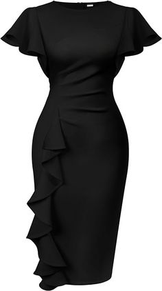 Memoriesea Women's Vintage Church Ruffle Sleeve Ruched Bodycon Work Midi Pencil Dress Black at Amazon Women’s Clothing store Vintage Style Dresses Classy, Classy Work Dresses, Straight Across Dress, Formal Dresses For Women Office Outfits, Dress Outfits Formal, Pencil Dress Work, Straight Dresses For Women, Straight Dress Outfit, Straight Dress Styles