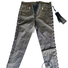 $1890 Unravel Italian Stretchable Pants.Excellent New Condition. Genuine Leather Skinny Pants. Missing Inner Size Tag . Lace Up Pants, Green Leather, Size Tag, Pant Jumpsuit, Genuine Leather, Pants For Women, Lace Up, Lace, Pants