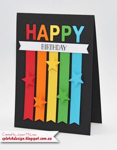 a happy birthday card with colorful ribbons and stars