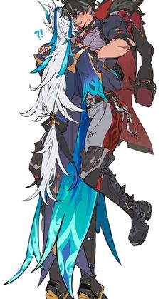 an anime character with long white hair and blue eyes holding another character's arm