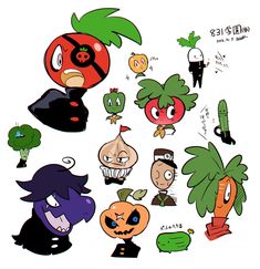 an assortment of cartoon vegetables with faces and expressions on them, all in different colors