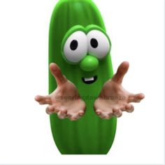 a green pickle with its hands out and eyes wide open, standing in front of a white background