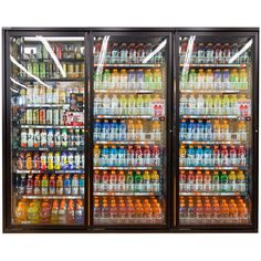 two refrigerators filled with different types of beverages and drinks in glass doors, one is black