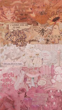 an altered collage of pink flowers and other things with words written on the side