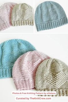 three knitted hats are shown in different colors and sizes, one is blue, the other has pink