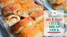 soft and fluffy cheese bread stick on a baking sheet with the words sweet potato & puffy cheese bread stick