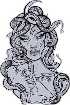 a drawing of a woman with snakes on her head and hands around her neck, in the shape of a snake