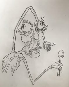 a drawing of a person holding a spoon and looking at something in the distance with eyes drawn on it