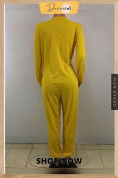 Women Solid Color V Neck Loose Bloomers Jumpsuit Yellow Jumpsuit For Party, Elegant Yellow Long Sleeve Jumpsuit/romper, Elegant Yellow Long Sleeve Jumpsuit, Yellow V-neck Jumpsuits And Rompers For Work, Summer Long Sleeve Bodysuit For Workwear, Yellow Stretch Long Sleeve Jumpsuit, Fitted Yellow Jumpsuits And Rompers For Fall, Chic Yellow Long Sleeve Jumpsuits And Rompers, Casual Yellow Bodysuit For Party