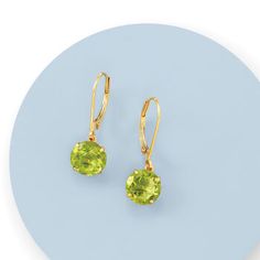 Ross-Simons - 3.90 ct. t. w. Peridot Drop Earrings in 14kt Yellow Gold. Celebrate an August birthday wearing these cool green earrings complemented by sun-kissed 14kt yellow gold. Bright 3.90 ct. t. w. peridots make a luscious statement. Hanging length is 1". Leverback, peridot drop earrings. Peridot birthstones are the perfect gift for August birthdays. Classic Green Earrings With Ear Wire, Classic Green Round Cut Earrings, Classic Green Peridot Earrings, Classic Green Round Earrings, Elegant Lime Green Earrings For Formal Occasions, Elegant Lime Green Earrings For Formal Events, Green 14k Gold Round Earrings, Round Green 14k Gold Earrings, August Birthdays