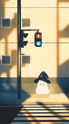 an illustration of a person with a hat standing in front of a traffic light on a city street