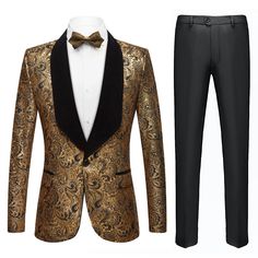 Fabric Material: 80% Polyester 20% Viscose Design One Button & Shawl Collar Package 1*Blazer Occasion Homecoming... Luxury Gold Wedding Suits, Luxury Tailored Gold Suit, Vogue Outfits, Paisley Tuxedo, Paisley Suit, Homecoming Dinner, Gold Tuxedo, Button Shawl, Red Carpet Party