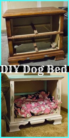 an old dresser turned into a dog bed