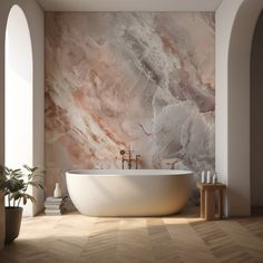 a bathtub sitting in the middle of a room next to a plant and potted plants