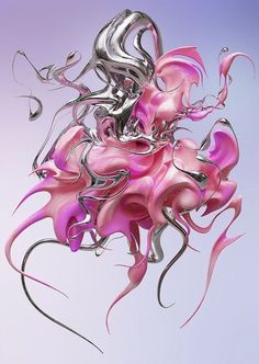 an abstract pink and silver sculpture on a blue background