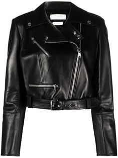 black calf leather wide notch lapels off-centre front zip fastening long sleeves two zip-fastening pockets belted waist cropped Cropped Biker Jacket, Leather Cap, Leather Biker Jacket, Biker Style, Notched Collar, Wear Pink, Black Logo, Denim Pant, Biker Jacket