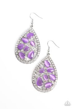 Sporadically clustered against an airy, teardrop backdrop, purple cat's eye stones shimmer and shine. An explosion of crystal white gems around the cat's eye stones and silver teardrop frame create additional light-catching sheen to the refined design. Earring attaches to a standard fishhook fitting.

 Sold as one pair of earrings. Backdrop Purple, Cats Eye Stone, Jewelry Catalog, Shimmer And Shine, Purple Cat, Purple Earrings, Shimmer N Shine, Crystal White, Cats Eye