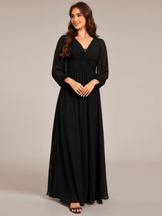 Embrace timeless elegance with our Graceful Chiffon A-Line Pleated Long Sleeves Formal Evening Dress. This stunning gown features a flowing chiffon fabric, a flattering A-line silhouette, and delicate pleating that adds texture and sophistication. The long sleeves provide an extra touch of grace, making it the perfect choice for formal occasions where you want to leave a lasting impression. Prom Dresses Sleeveless, Formal Evening Dress, Chiffon Evening Dresses, Affordable Dresses, Stunning Gowns, Black Prom Dresses, Formal Evening Dresses, Formal Gowns, Chiffon Fabric