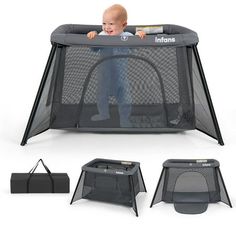 a baby in a portable playpen with four different angles to the top and bottom