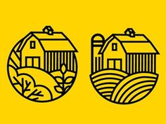 two black and white farm houses on a yellow background