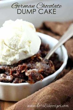 german chocolate dump cake in a white bowl with ice cream on top and text overlay