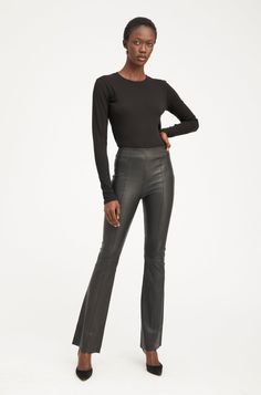 Black Leather Super Flare Pants with Princess Seams Chic High Stretch Leather Pants For Fall, Fitted Modern Leather Pants, Stretch Leather Straight Pants, High Stretch Faux Leather Bottoms For Work, Modern Fitted Leather Bottoms, Elastane Leather Pants For Workwear In Fall, Fall Leather Pants With Elastane For Workwear, Elegant Stretch Leather Bottoms, Fitted Leather Leggings