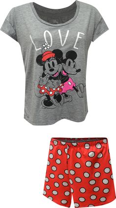 Disney fans will love these jammies! Made from the softest fabric, these Minnie and Mickey Mouse shortie pajamas for women have red polka dot shorts and a crew neck, short sleeve top. The image on the pajama top is intentionally distressed. They are a missy cut. Pig Girl, Betty Boop Classic, Plus Size Robes, Cartoon Costumes, Lounge Pants Womens, Girls Robes, Minnie And Mickey, Men's Robes, Pajamas For Women