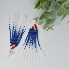 Red White and Blue Patriotic Seed Bead Earrings With Fringe - Etsy Patriotic Blue Beaded Earrings As Gift, Handmade White Earrings For 4th Of July, Blue Patriotic Beaded Earrings As Gift, Handmade Blue Earrings For 4th Of July, White Dangle Earrings For 4th Of July, Patriotic Blue Dangle Jewelry, 4th Of July Blue Drop Earrings, Adjustable Blue Earrings For 4th Of July, Patriotic Blue Beaded Earrings