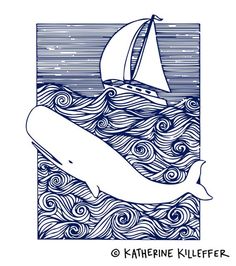 a whale with a sailboat in the background is drawn by hand, and it looks like