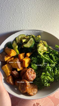 a white plate topped with meat and veggies next to a hand holding a fork