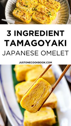 some food is on a plate with chopsticks and the words 3 ingredient tamagoyaki japanese omelet