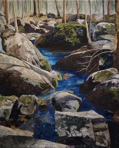 a painting of rocks and water with trees in the background