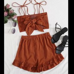 Never Used Brown Beachwear Sets For Spring, Brown Beach Sets For Spring, Brown Spring Beach Sets, Shirred Crop Top, Shein Pants, Two Piece Sets, Two Piece Set, Shorts Set, Ruffle Hem