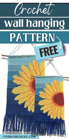 two crochet sunflowers hanging on a clothes line with text overlay that reads, crochet wall hanging pattern free